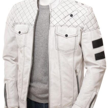 Men's White Leather Biker Racer Jacket