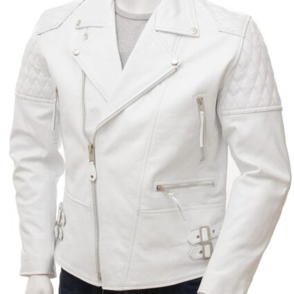 Men's White Leather Biker Racer Jacket