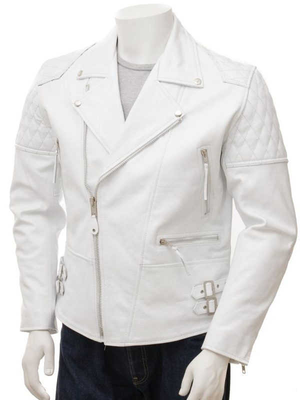 Men's White Leather Biker Racer Jacket