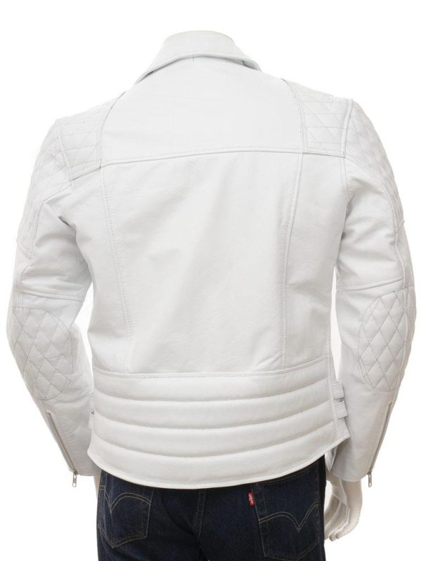 Men's White Leather Biker Zip Jacket