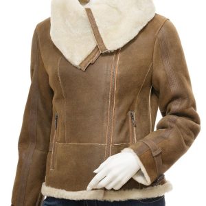 Womens Biker Sheepskin Leather Jacket In Tan