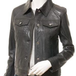 Women's Black Leather Trucker Jacket