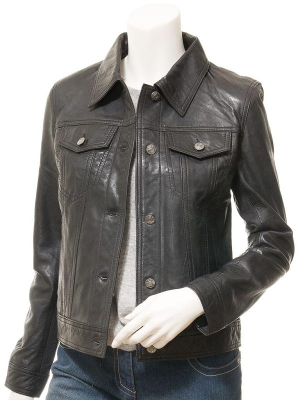 Women's Black Leather Trucker Jacket