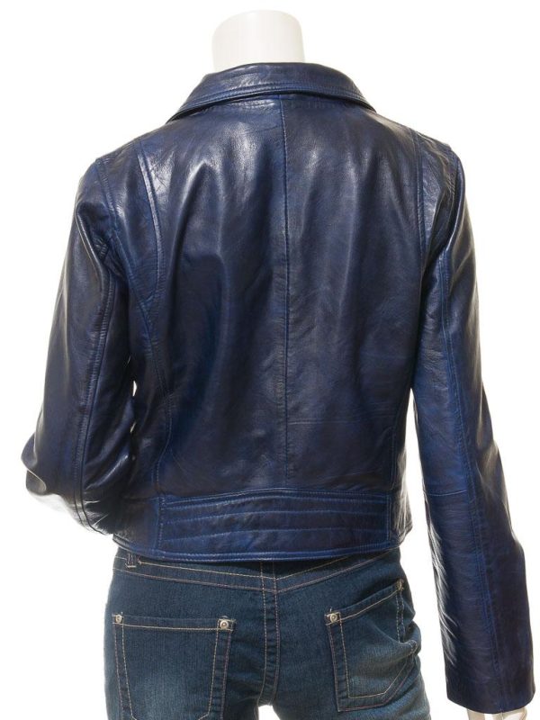 Women's Blue Leather Biker Jacket Ensley