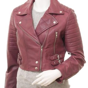 Women's Burgundy Leather Biker Zip Jacket