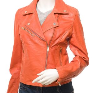 Women's Classic Orange Leather Biker Jacket