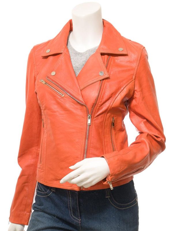 Women's Classic Orange Leather Biker Jacket