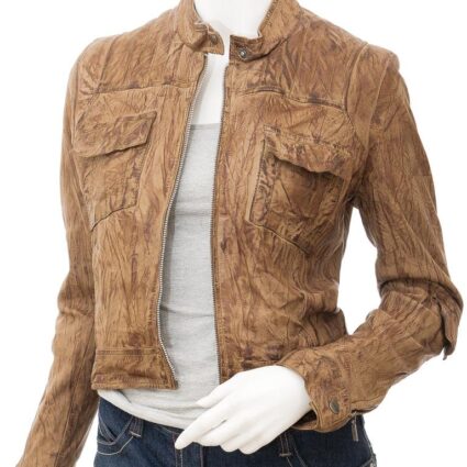 Women's Cropped Olive Leather Biker Jacket