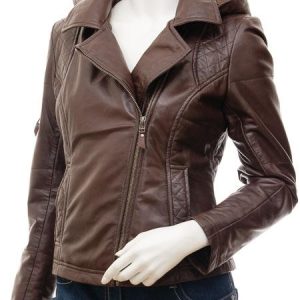 Women's Leather Biker Jacket In Brown