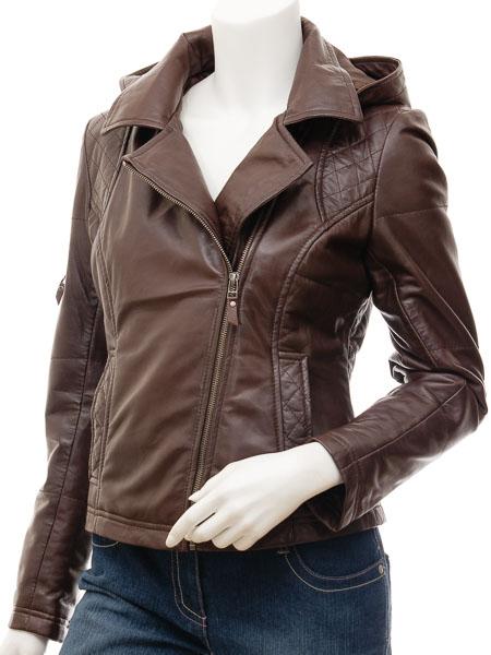 Women's Leather Biker Jacket In Brown