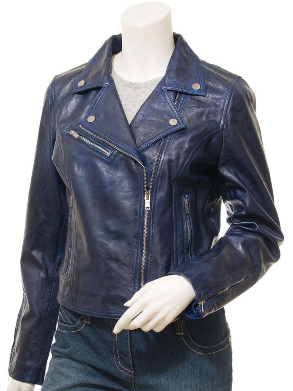Women's Leather Blue Biker Jacket