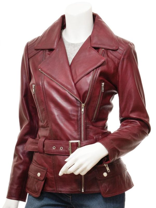 Women's Leather Burgundy Biker Jacket