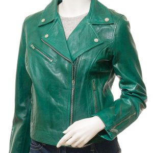 Women's Leather Green Biker Jacket