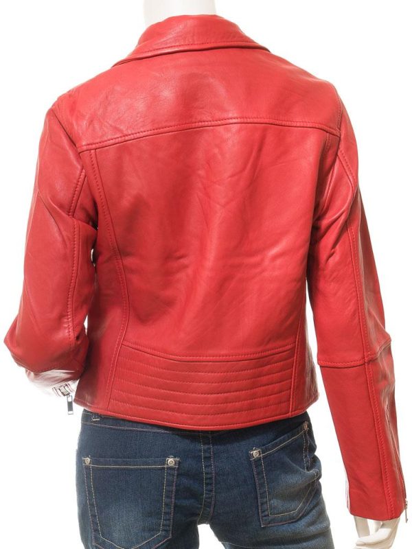 Women's Red Leather Biker Zip Jacket