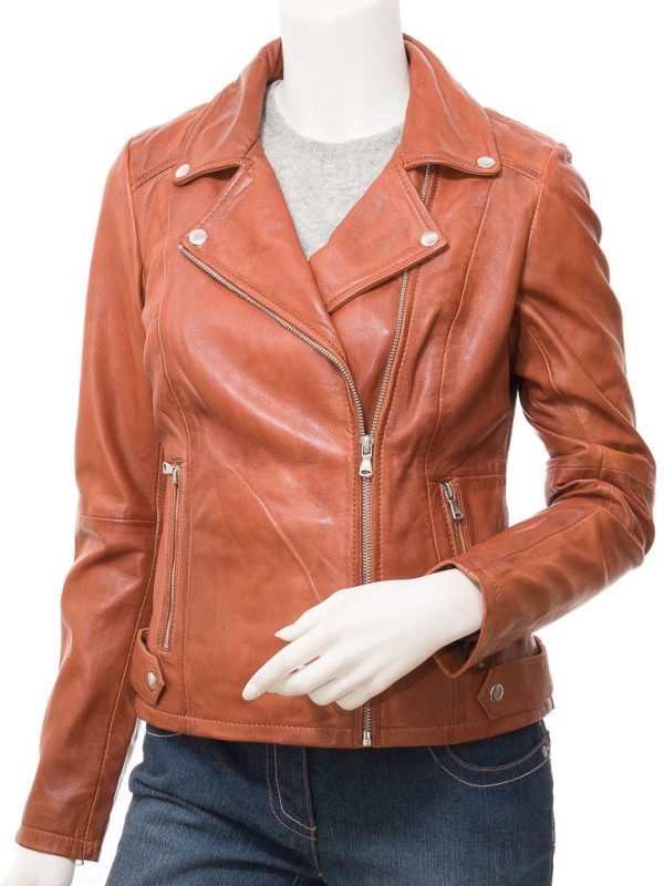 Women's Tan Leather Biker Jacket