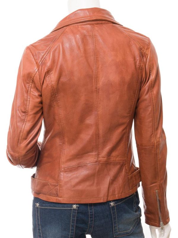 Women's Tan Leather Biker Zip Jacket