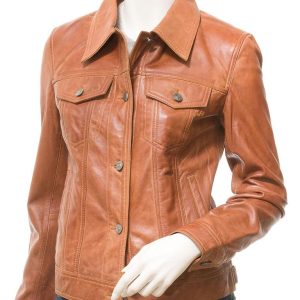 Women's Tan Leather Trucker Jacket