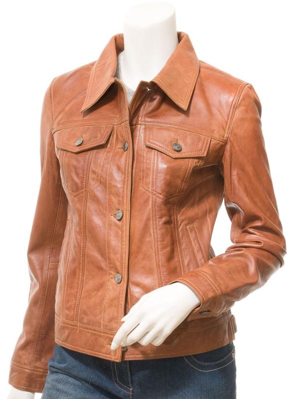 Women's Tan Leather Trucker Jacket