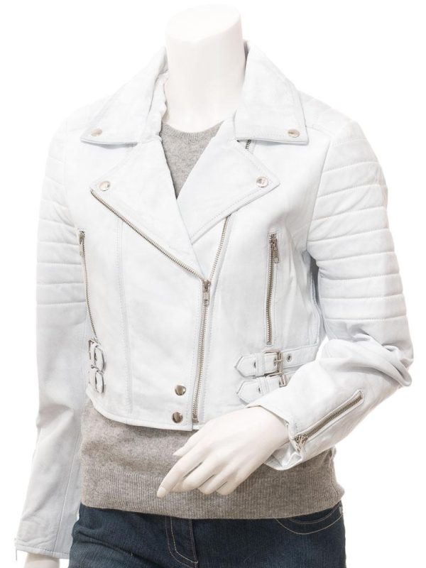 Women's White Leather Biker Jacket