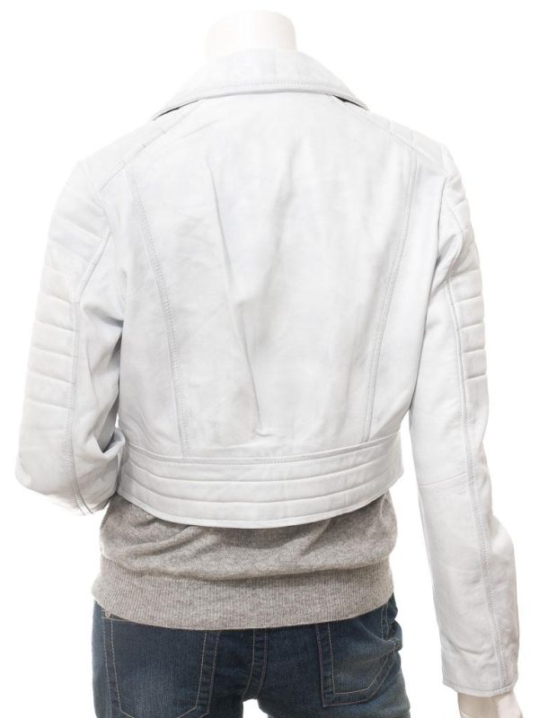 Women's White Leather Biker Zip Jacket
