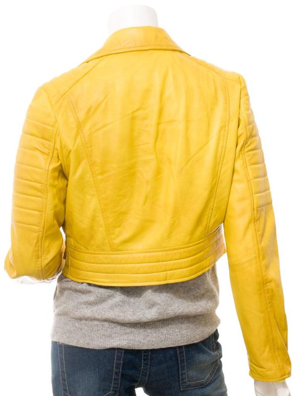 Women's Yellow Leather Biker Zip Jacket