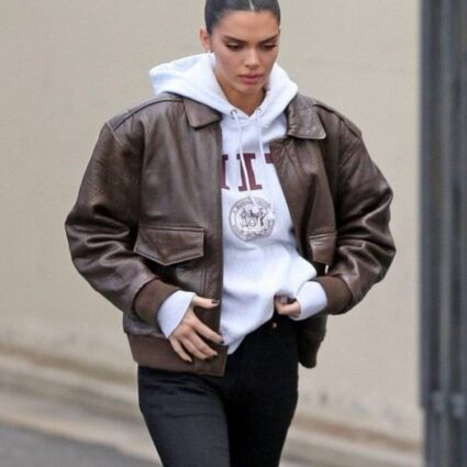 Kendall Jenner Bomber Leather Brown Jacket