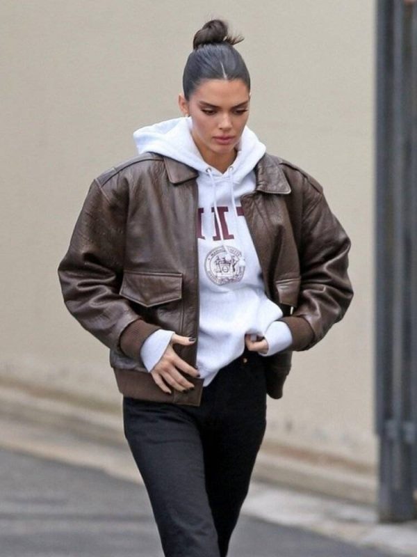 Kendall Jenner Bomber Leather Brown Jacket