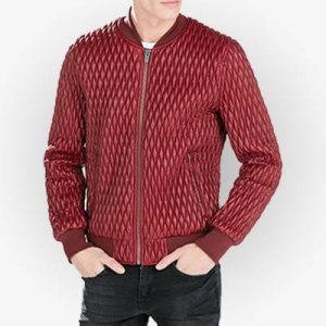 Mens Quilted Red Faux Leather Bomber Jacket