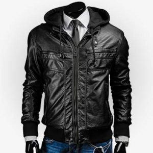 Slim Fit Black Leather Jacket With Hoodie for Men