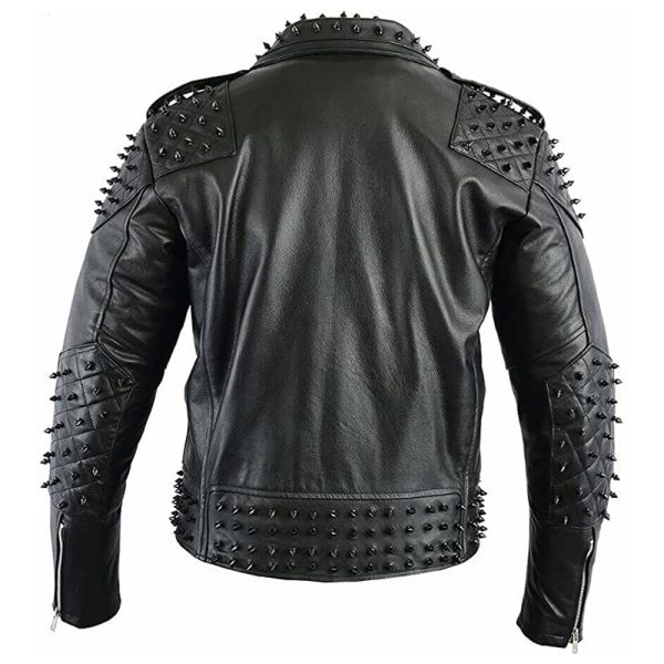 Black Metal Studded Full Sleeve Multipocketed Leather Jacket