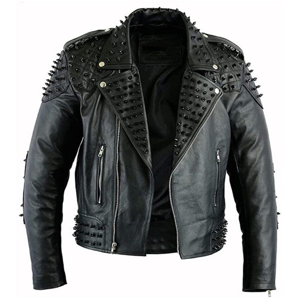 Black Metal Studded Full Sleeve Multipocketed Original Leather Jacket