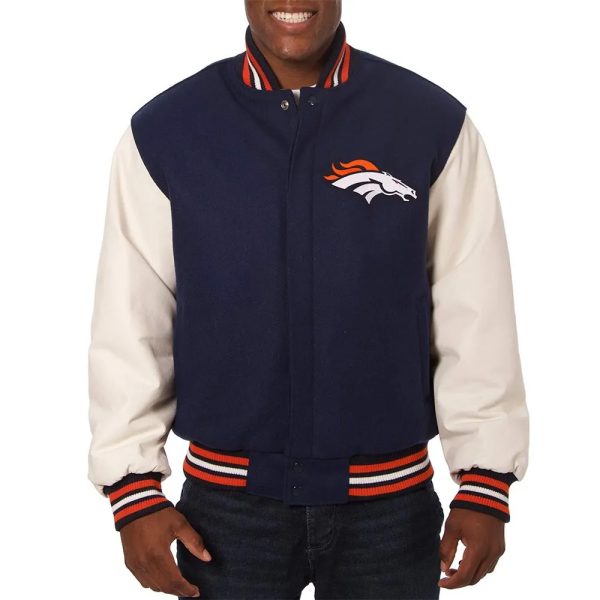 Denver Broncos Two-Tone Navy Blue and White Varsity Jacket