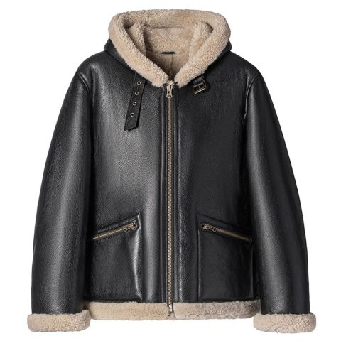 Mens Black Sheepskin Shearling Bomber Jacket With Hood
