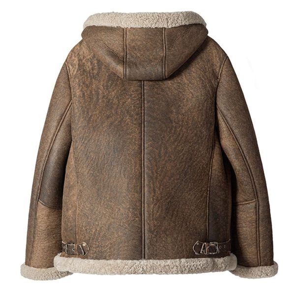 Mens Classic Sheepskin Bomber Brown Jacket With Hood