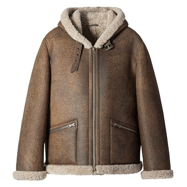 Mens Classic Sheepskin Brown Bomber Jacket With Hood