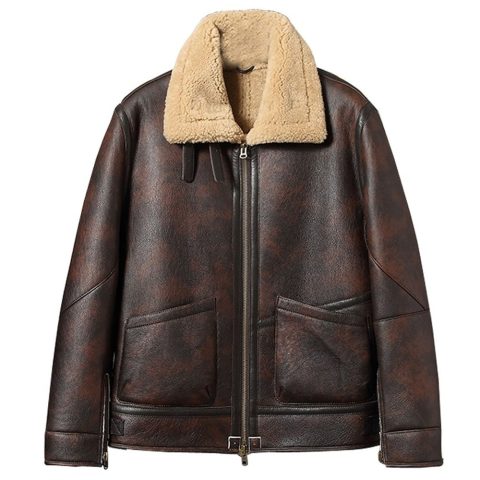 Mens Distressed Sheepskin Shearling B-3 Dark Brown Jacket