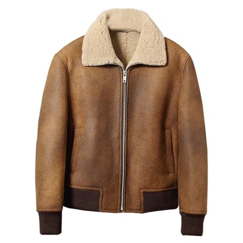 Mens Sheepskin Shearling Brown Bomber Jacket