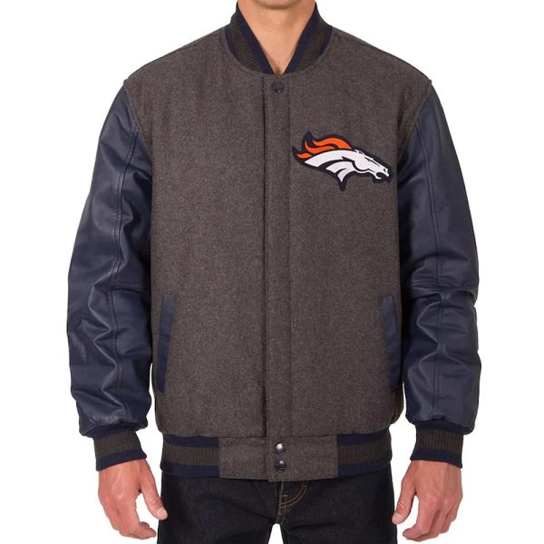 Navy Blue and Charcoal Denver Broncos Varsity Jacket