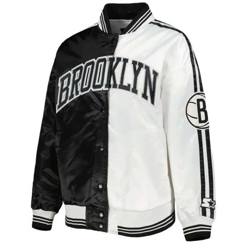 Fast Break Brooklyn Nets Black and White Satin Jacket