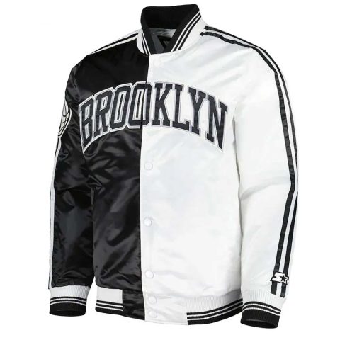 Fast Break Brooklyn Nets Black and White Satin Jacket
