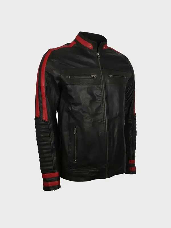 Mens Cafe Racer Black & Red Leather Jacket