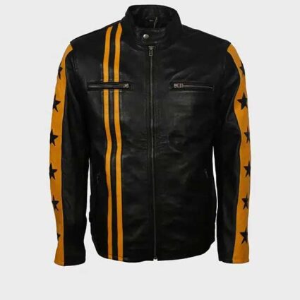 Mens Cafe Racer Yellow Star Black Leather Jacket