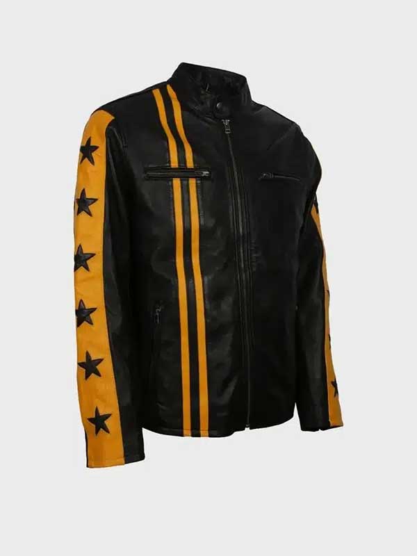 Mens Cafe Racer Yellow Star Leather Jacket