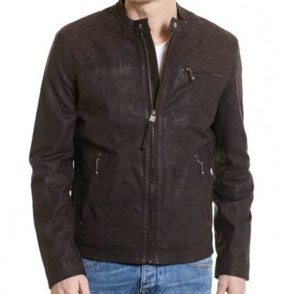 Men’s Snap Tab Collar Zipper Style Brown Leather Jacket