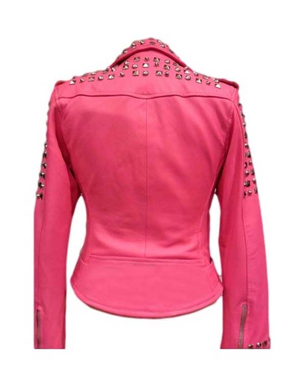Women Golden Studded Pink Belted Leather Jacket