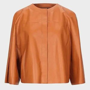 Women Tan Collarless Real Leather Jacket