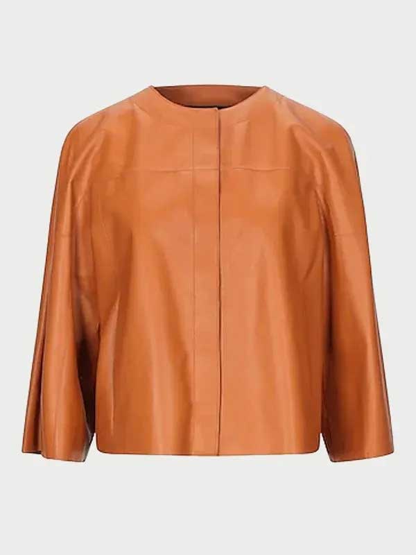Women Tan Collarless Real Leather Jacket