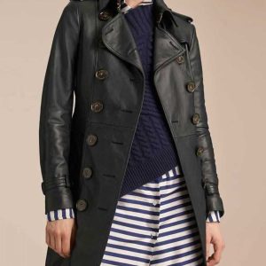 Women’s Mid-Length Double Breasted Black Leather Coat