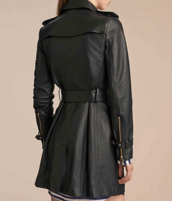 Women’s Mid-Length Double Breasted Leather Black Coat