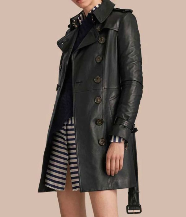 Women’s Mid-Length Double Breasted Leather Coat